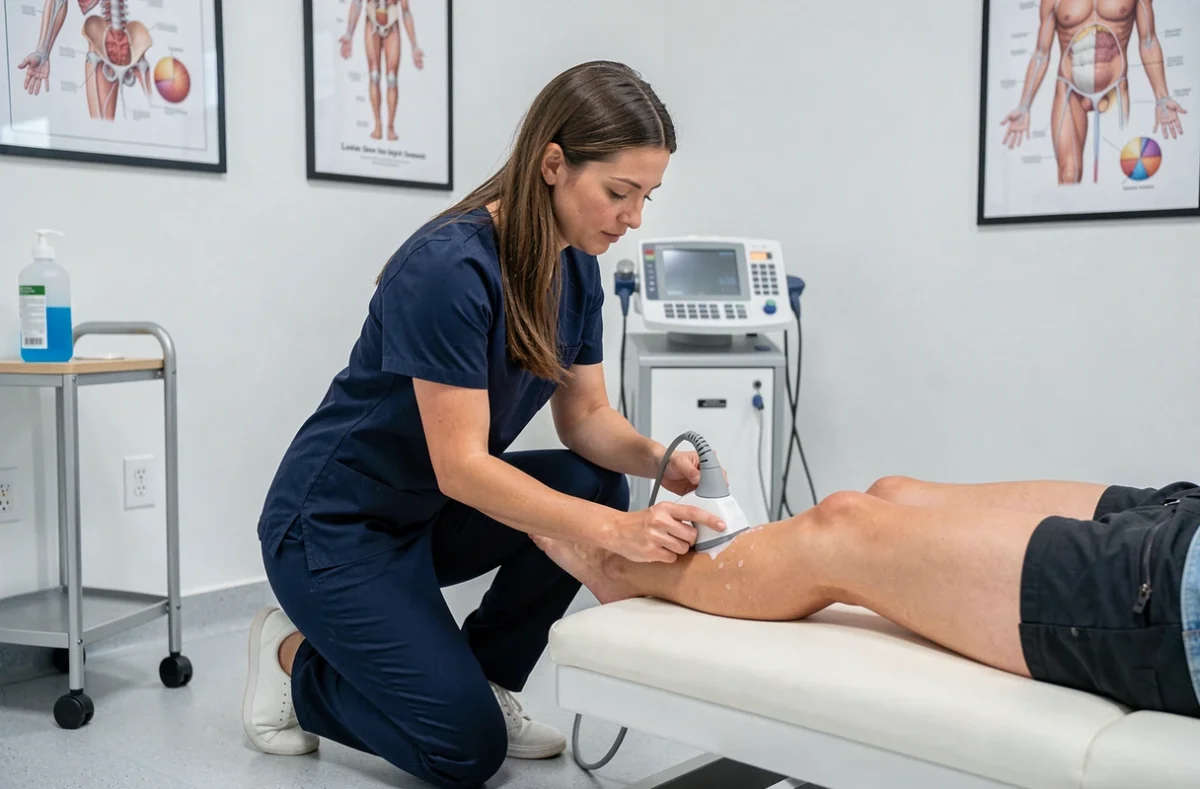 Kinésithérapeute réalisant une échographie sur le genou d'un patient pour diagnostiquer un kyste poplité