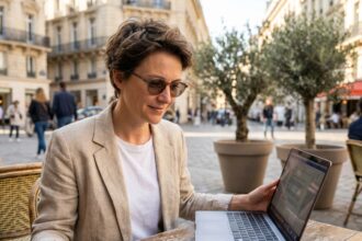 Femme de 40 ans portant des lunettes adaptatives à verres photochromiques en terrasse de café parisien avec un ordinateur portable