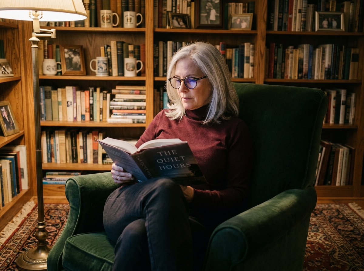 Femme aux cheveux argentés portant des lunettes anti-lumière bleue à monture écaille dans une bibliothèque de maison confortable