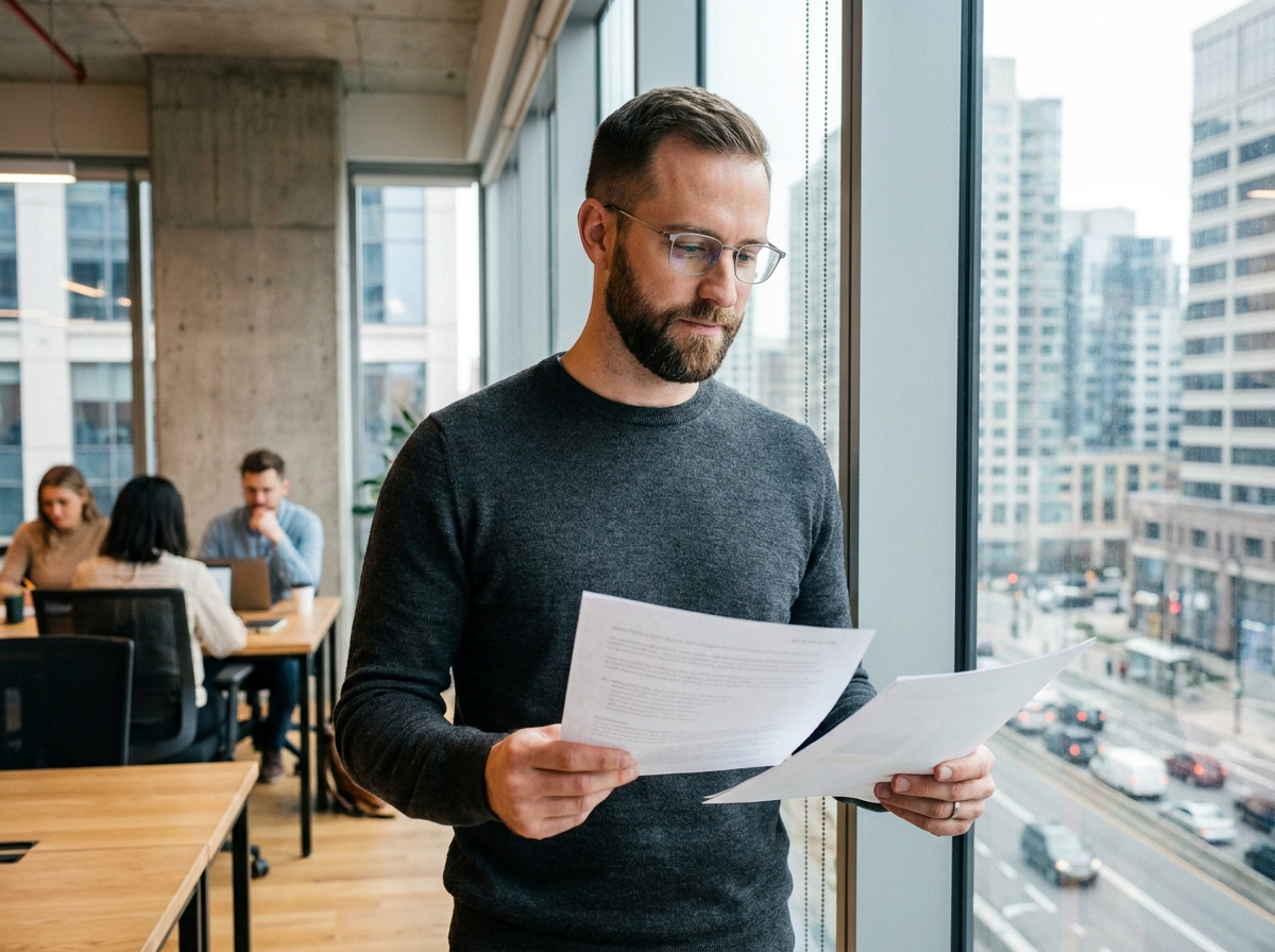 Homme portant des lunettes à verres progressifs en titane dans un espace de coworking moderne, lisant des documents professionnels