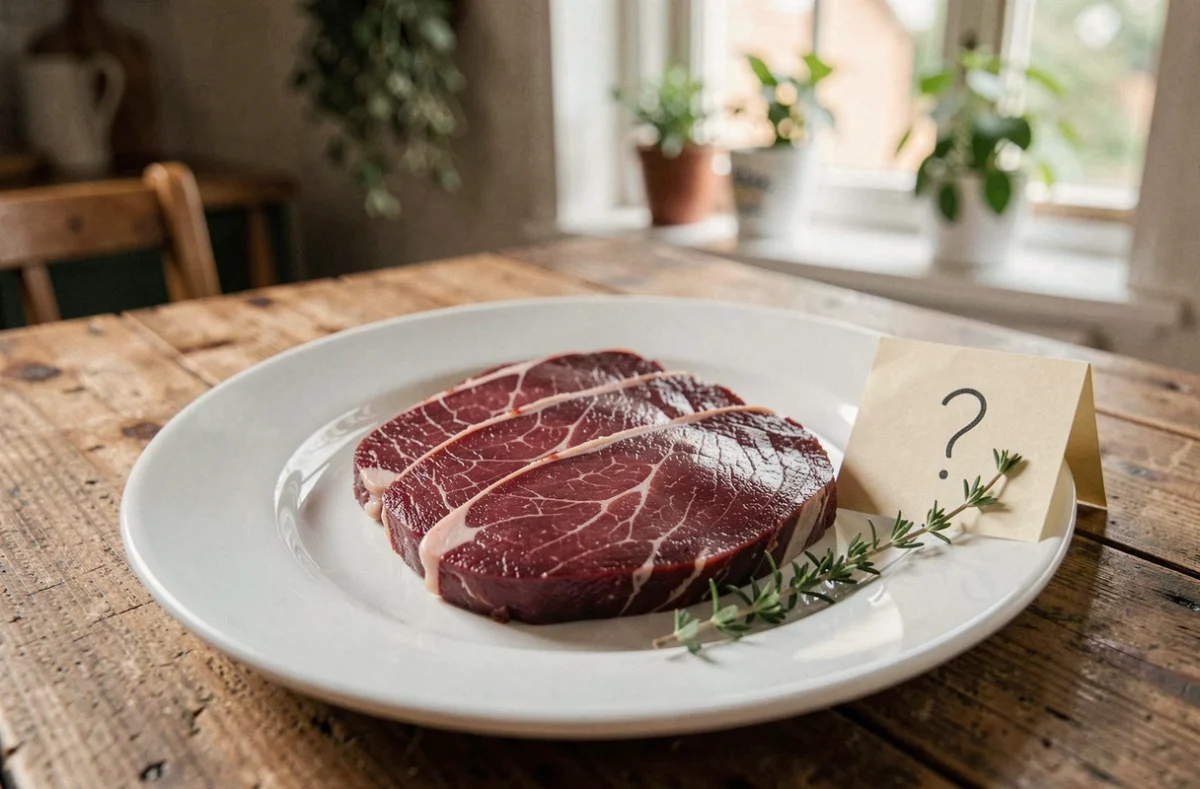 Magret de canard cru sur assiette blanche avec note de précaution, évoquant les risques alimentaires pendant la grossesse