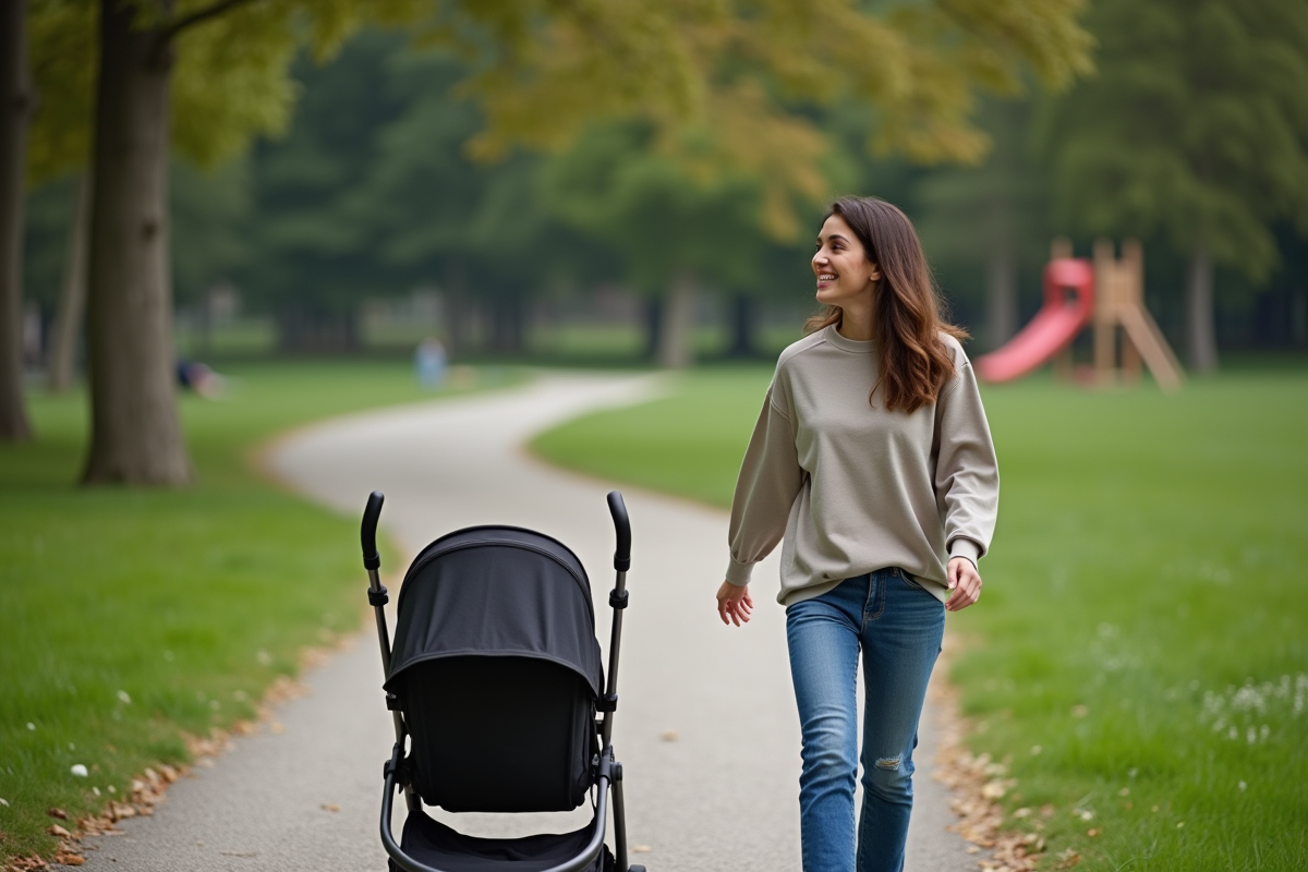 Maman souriante en promenade dans un parc avec sa poussette