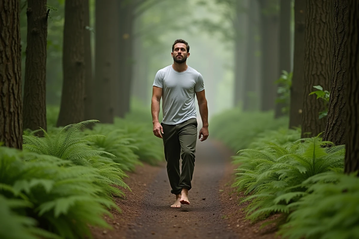 Homme marchant en forêt pour abaisser son niveau de cortisol grâce à la nature et à l'exercice doux