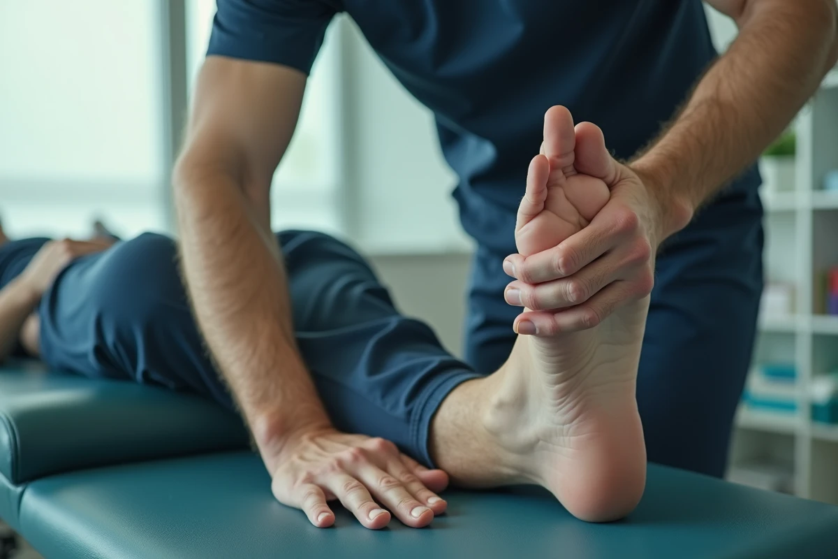 Kinésithérapeute réalisant un massage thérapeutique du fascia plantaire pour traiter un éperon calcanéen sans chirurgie