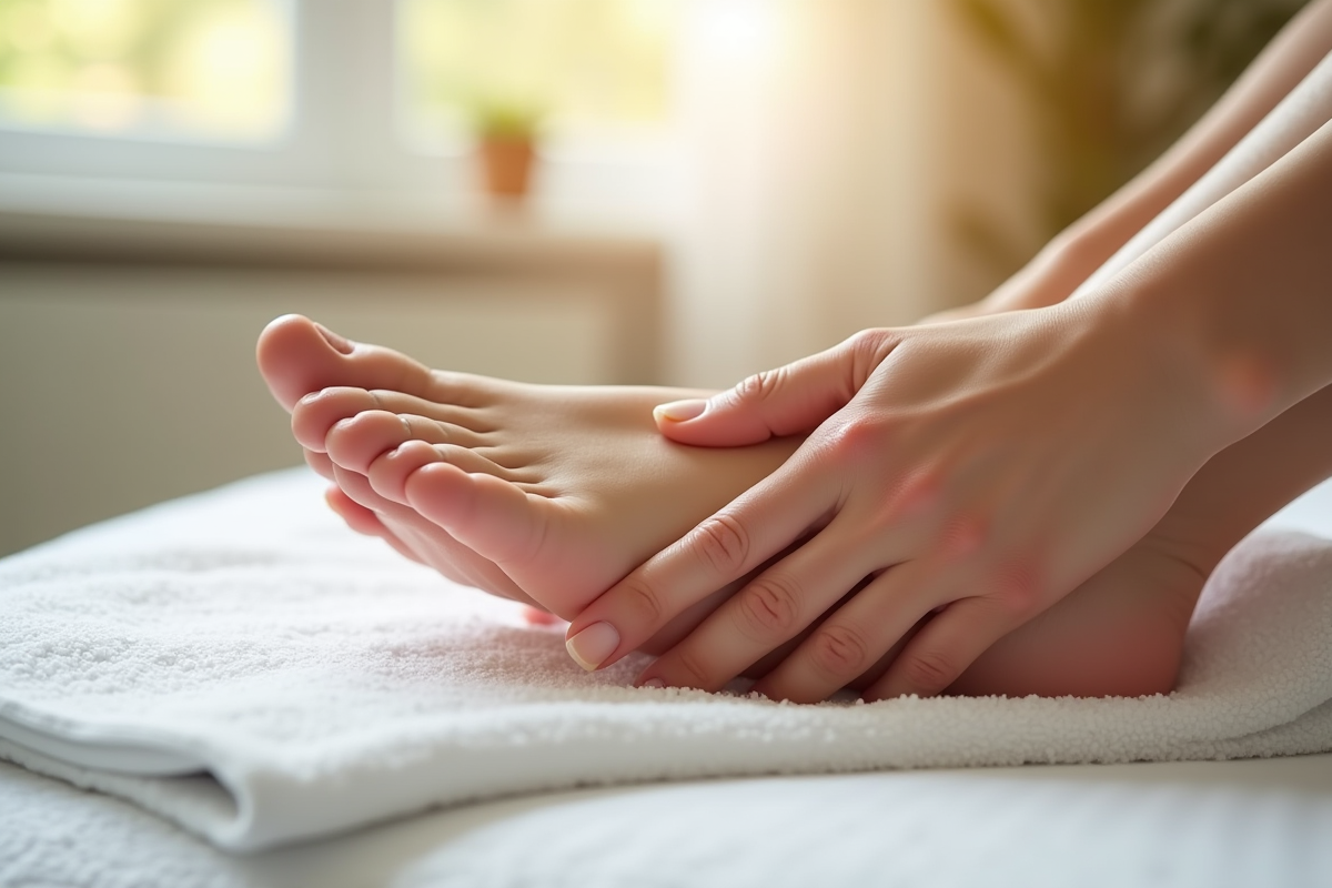 Mains massant doucement un pied propre et soigné sur une serviette blanche