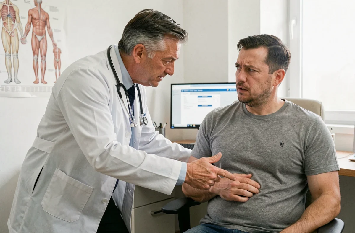 Médecin en consultation examinant un patient qui indique une douleur au bas-ventre côté droit dans un cabinet médical
