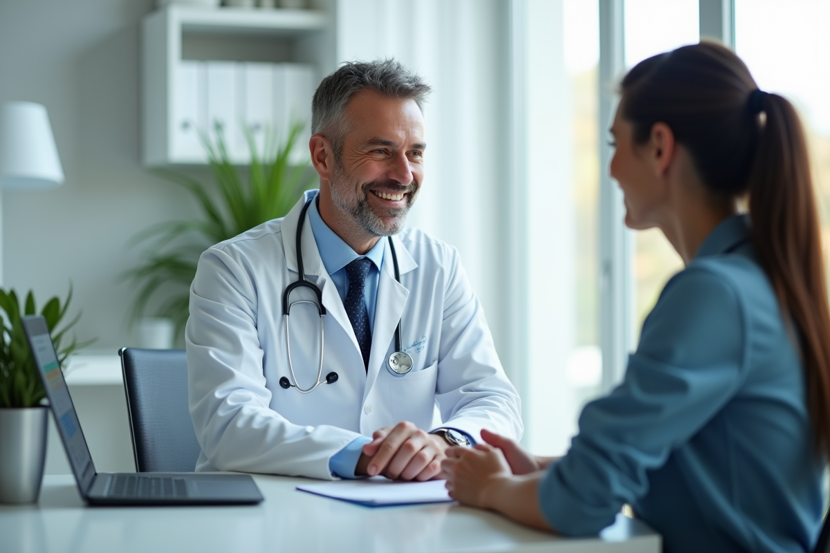 Médecin souriant en consultation dans un cabinet moderne