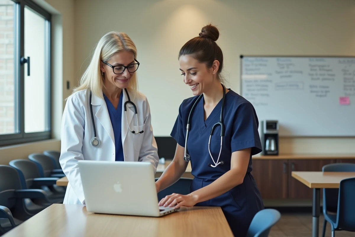 Médecin et coordinatrice de soins en EHPAD analysant ensemble des données patients sur un ordinateur portable