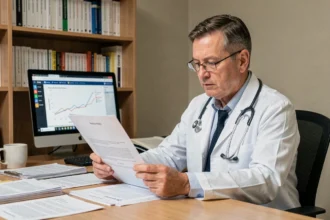 Médecin examinant des études cliniques sur le GCA 2700 dans un cabinet médical