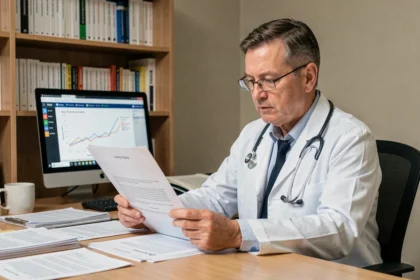 Médecin examinant des études cliniques sur le GCA 2700 dans un cabinet médical