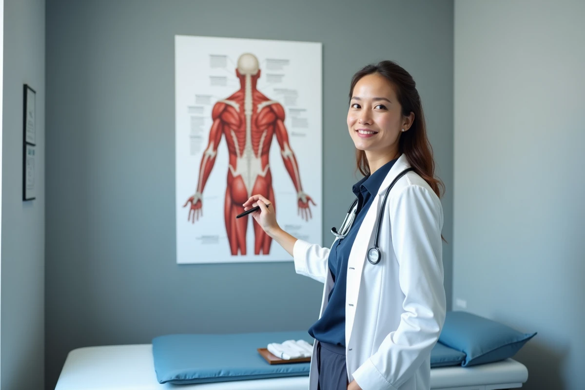 Médecin féminine pointant la zone trapèze sur un poster anatomique en cabinet médical, explication douleur trapèze et diagnostic cancer