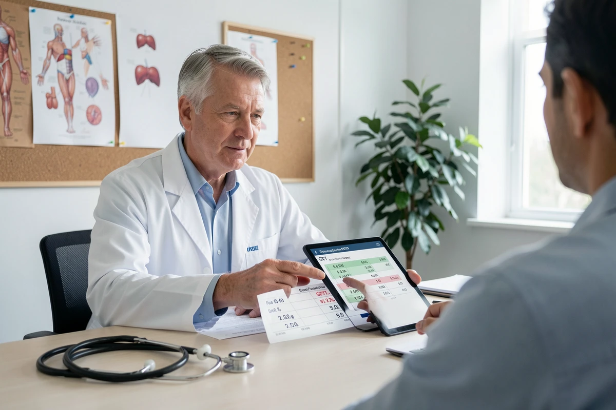 Médecin expliquant à un patient les résultats d'analyse hépatique avec un taux de gamma-GT élevé sur une tablette