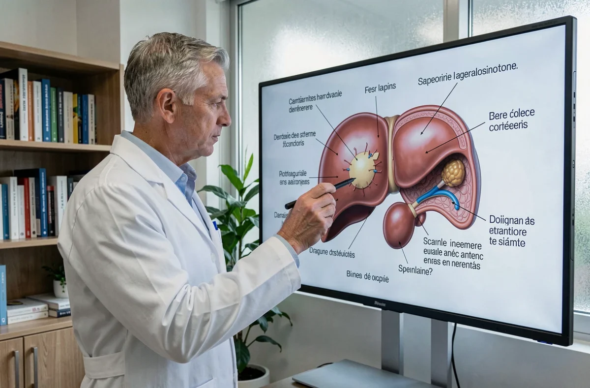 Médecin gastroentérologue montrant la région du foie sur un écran anatomique pour expliquer une douleur sous les côtes droites