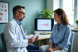 Medecin en consultation avec une femme dans un hôpital