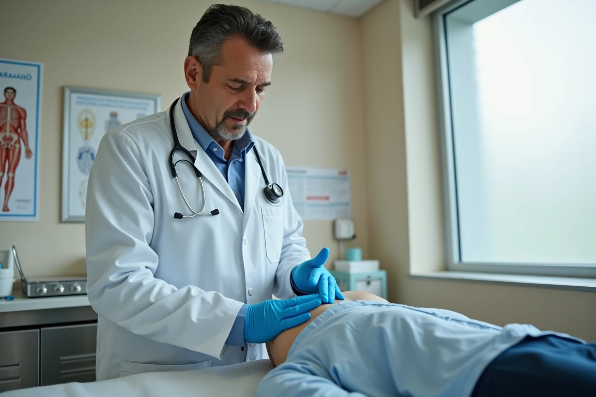 Médecin palpant les ganglions inguinaux d'un patient pour diagnostiquer une réaction lymphatique post-infectieuse