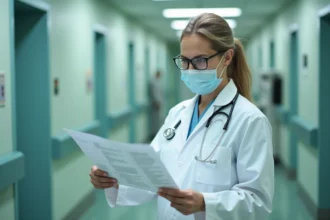 Médecin examenant les nouvelles recommandations sanitaires liées au variant Covid dans un couloir d'hôpital