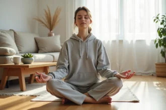Femme pratiquant la méditation pour réduire le cortisol naturellement dans un salon minimaliste scandinave