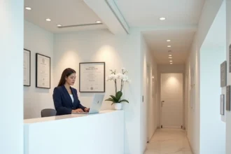 Réception d'une clinique de chirurgie esthétique moderne en Meurthe-et-Moselle, ambiance professionnelle et épurée