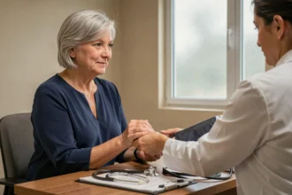 Femme de 55 ans faisant mesurer sa tension artérielle chez le médecin, illustration article santé cardiaque et pression sanguine selon l'âge