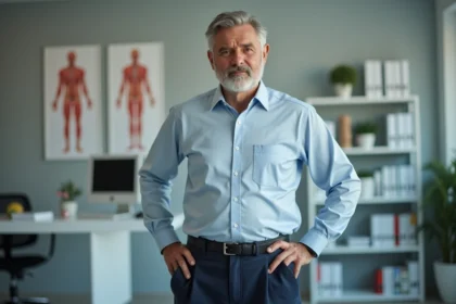 Homme adulte atteint de nanisme disproportionné debout dans un cabinet médical moderne, illustrant les différences de taille liées aux formes de nanisme