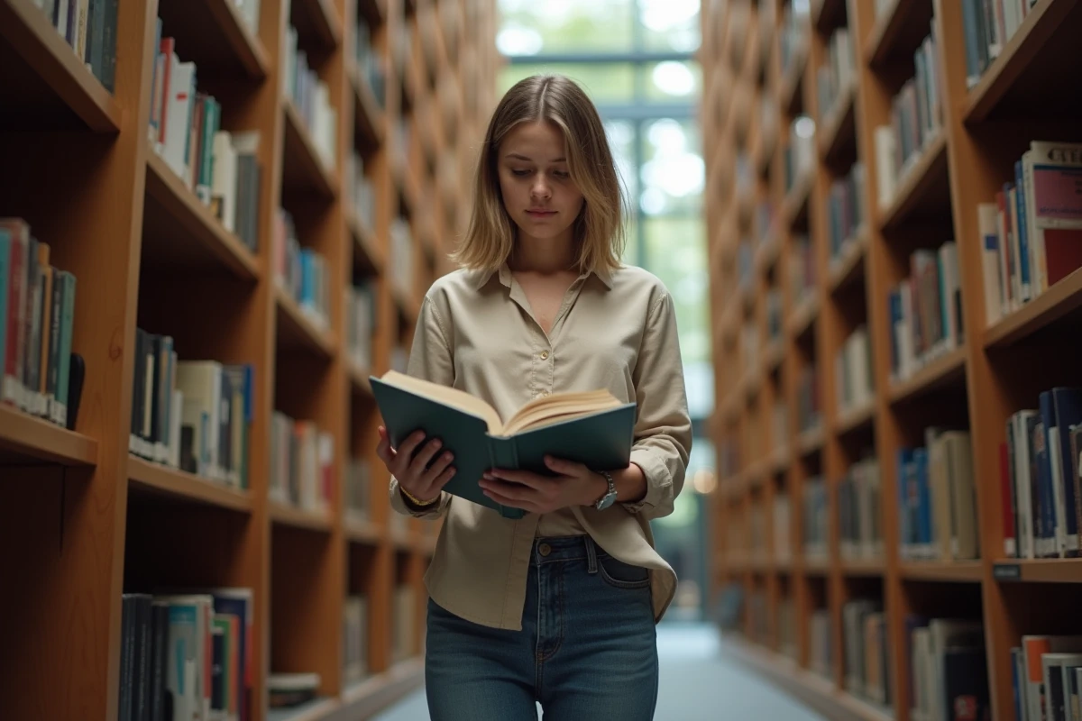 Femme adulte atteinte de nanisme harmonieux dans une bibliothèque publique, illustrant la différence de taille par rapport à l'environnement