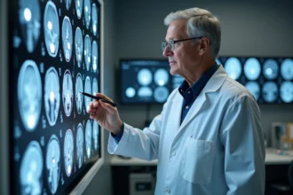 Neurologue analysant des images IRM cérébrales avec taches blanches sur un négatoscope dans une salle de radiologie hospitalière