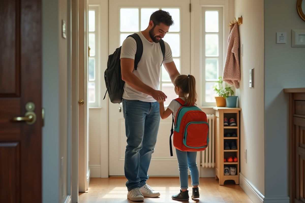 Père aidant sa fille à mettre son sac à l