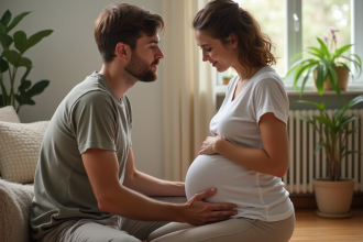 Père regardant le ventre de sa partenaire enceinte dans un salon chaleureux