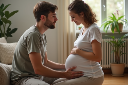 Père regardant le ventre de sa partenaire enceinte dans un salon chaleureux