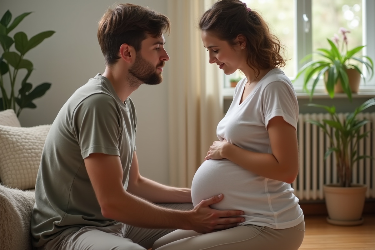 Père regardant le ventre de sa partenaire enceinte dans un salon chaleureux