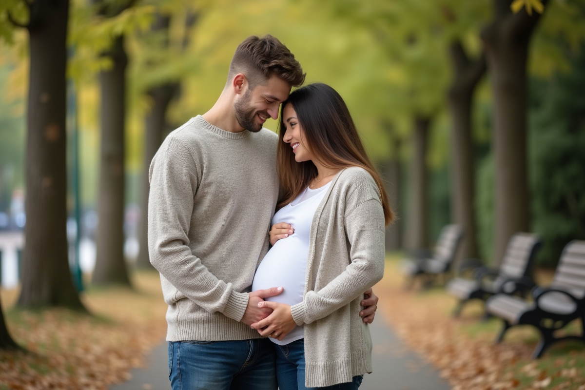 Jeune père écoutant le ventre de sa partenaire dans un parc verdoyant