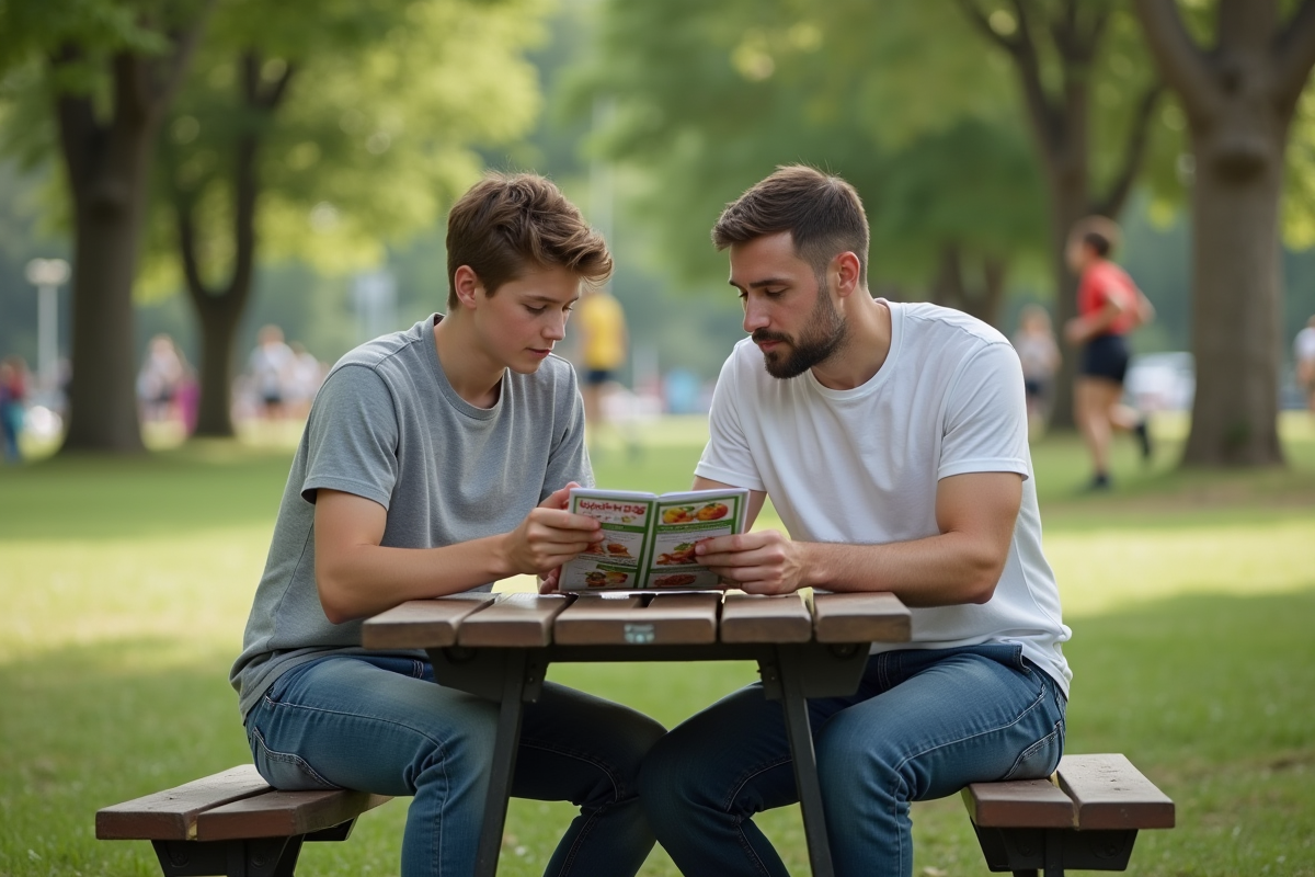 Père et adolescent lisant un guide nutrition en plein air dans un parc