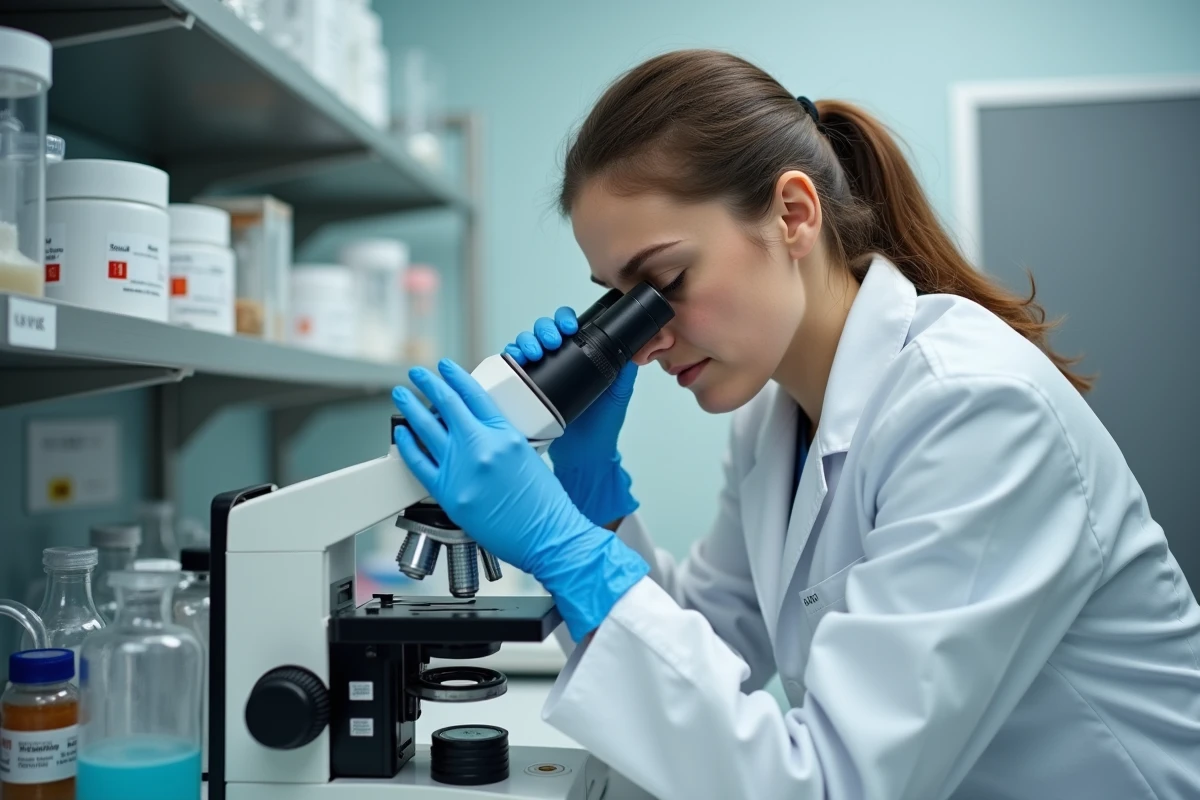 Anatomopathologiste analysant une lame histologique au microscope dans un laboratoire médical