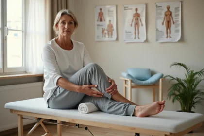 Patiente atteinte d'algoneurodystrophie du genou en séance de rééducation dans une clinique de kinésithérapie