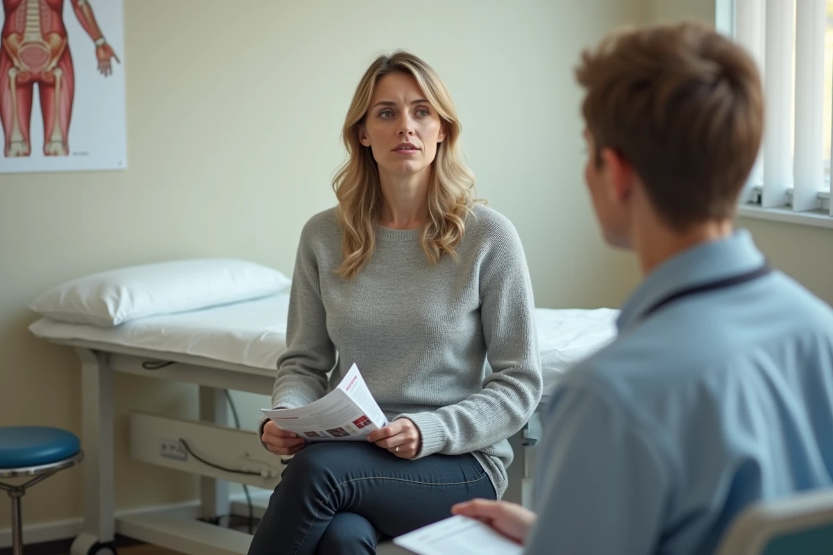 Patiente en consultation médicale écoutant des informations sur les lésions du col de l'utérus