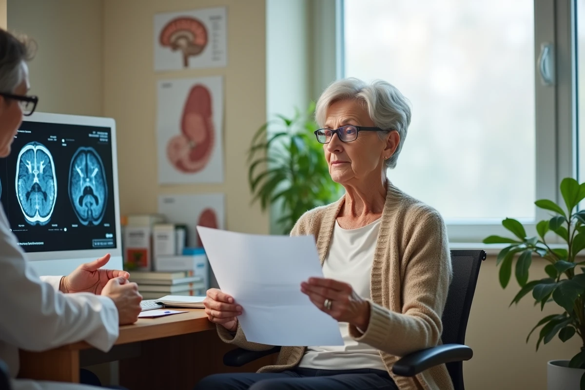 Femme âgée consultant un neurologue et tenant un rapport d'IRM cérébrale dans un cabinet médical spécialisé