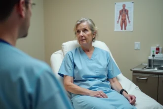 Patiente en blouse médicale dans une salle de consultation d'oncologie avant la pose d'un port-à-cath pour chimiothérapie