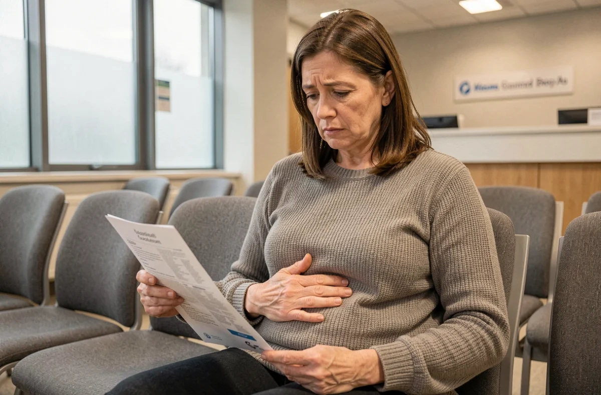 Femme inquiète dans une salle d'attente médicale tenant une ordonnance avant une consultation en gastro-entérologie