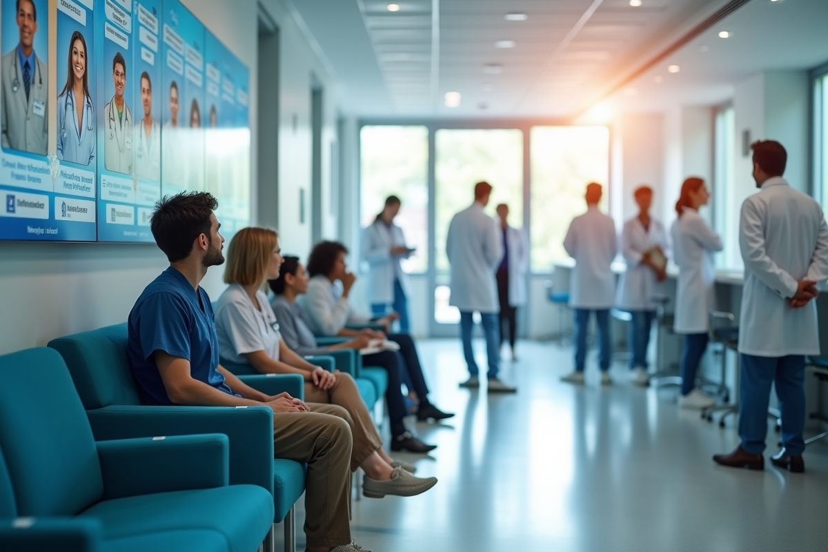 Groupe de patients dans une salle d attente lumineuse