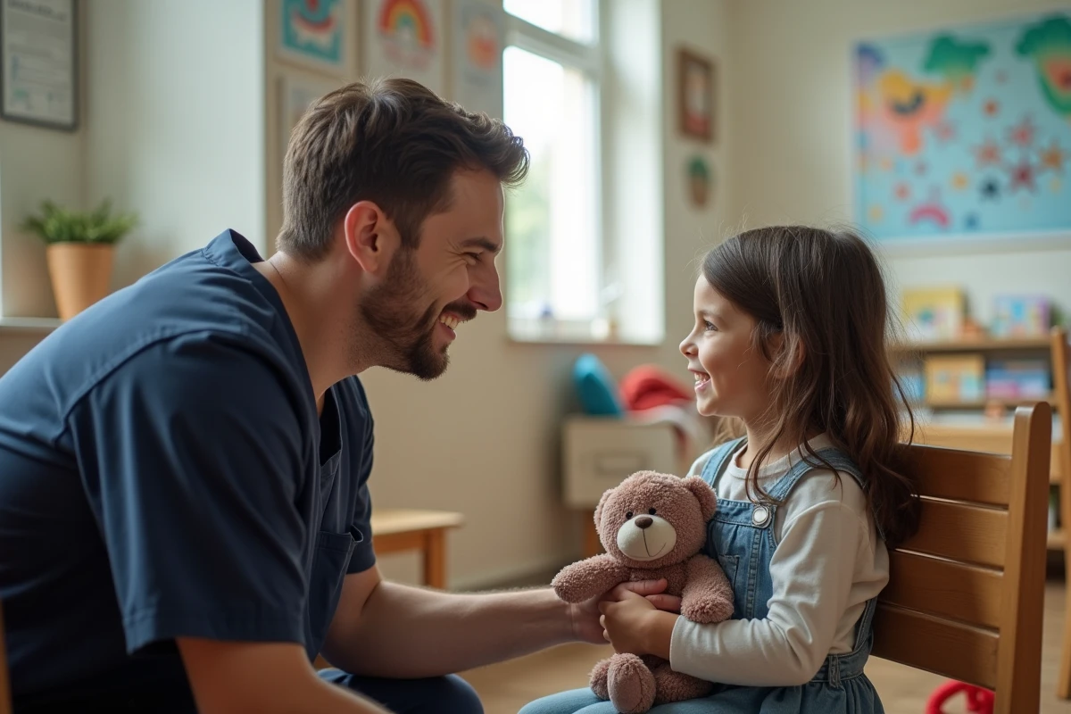 Jeune pédiatre avec une fille dans une salle d