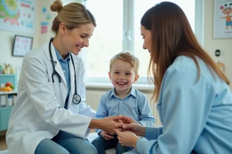 Pédiatre femme examine un garçon souriant dans une clinique