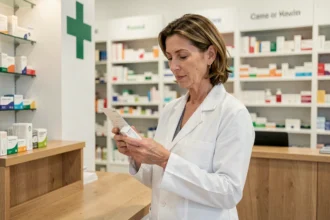 Pharmacienne tenant une boîte de médicament GLP-1 et un reçu de prix dans une pharmacie moderne