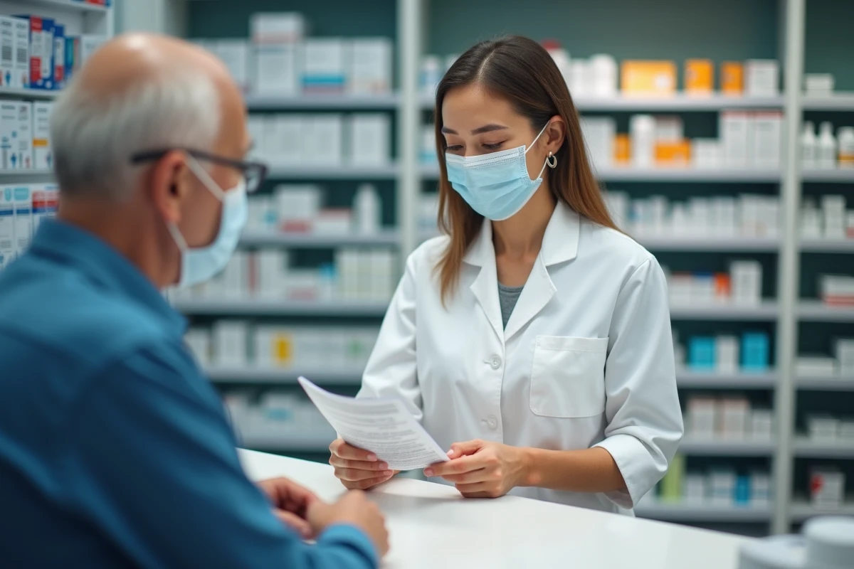 Pharmacienne remettant un document d'information sur le nouveau variant Covid à un client en pharmacie