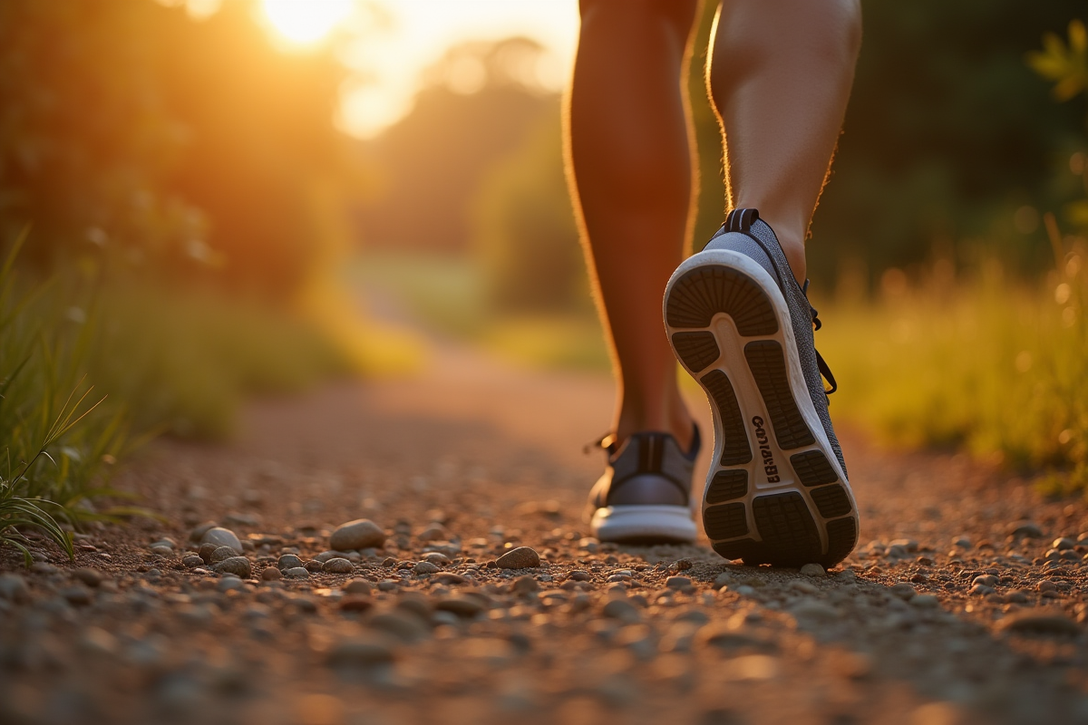 Pieds en chaussures de sport marchant sur un sentier rural en soirée