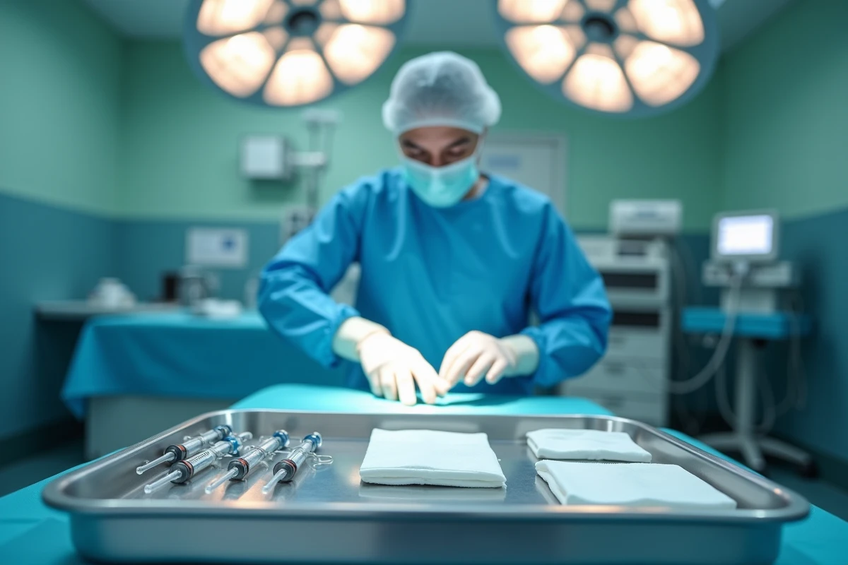 Infirmière préparant un plateau stérile avec instruments médicaux pour la pose d'un port-à-cath en salle d'opération