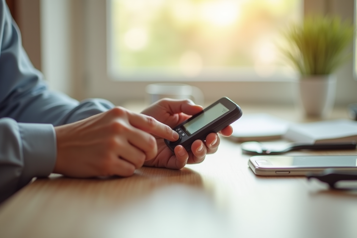 Mains utilisant un dispositif de surveillance du glucose sur une table en bois clair