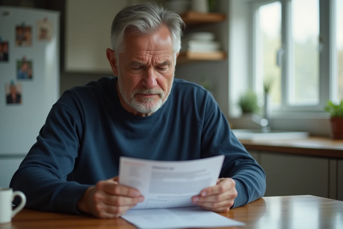 Proche aidant lisant un document médical sur l'évolution de l'Alzheimer en phase terminale, expression fatiguée et pensive à la table familiale