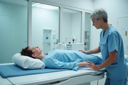Femme allongée sur une table de radiologie pour une radio du dos dans un cabinet médical moderne