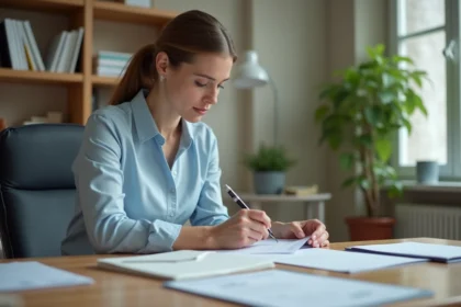 Femme rédigeant l'adresse postale de la CPAM Lyon sur une enveloppe recommandée à son bureau