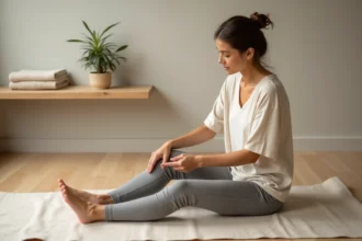 Femme pratiquant la réflexologie plantaire sur le point du pied pour stimuler l'énergie, assise sur un tapis de yoga en lin